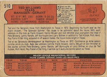 1972 O-Pee-Chee #510 Ted Williams Back