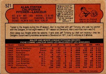 1972 O-Pee-Chee #521 Alan Foster Back