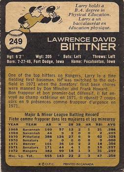 1973 O-Pee-Chee #249 Larry Biittner Back