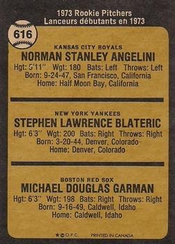 1973 O-Pee-Chee #616 1973 Rookie Pitchers (Norm Angelini / Steve Blateric / Mike Garman) Back