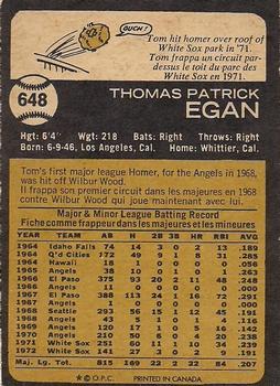 1973 O-Pee-Chee #648 Tom Egan Back