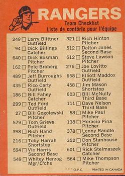 1973 O-Pee-Chee - Blue Team Checklists #NNO Texas Rangers Back