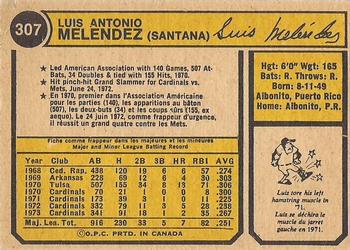 1974 O-Pee-Chee #307 Luis Melendez Back