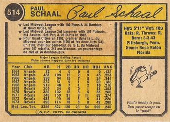 1974 O-Pee-Chee #514 Paul Schaal Back