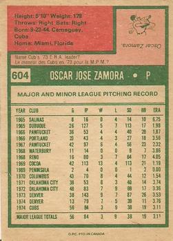 1975 O-Pee-Chee #604 Oscar Zamora Back