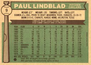1976 O-Pee-Chee #9 Paul Lindblad Back