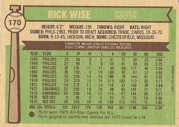 1976 O-Pee-Chee #170 Rick Wise Back