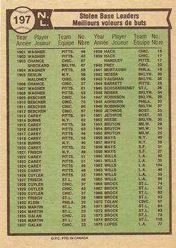 1976 O-Pee-Chee #197 1975 NL Stolen Base Leaders (Dave Lopes / Joe Morgan / Lou Brock) Back