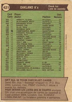 1976 O-Pee-Chee #421 Oakland A's Back