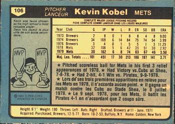 1980 O-Pee-Chee #106 Kevin Kobel Back