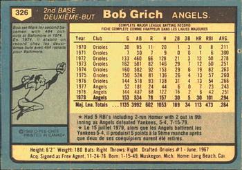 1980 O-Pee-Chee #326 Bob Grich Back