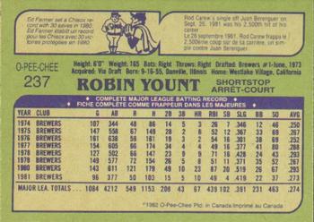 1982 O-Pee-Chee #237 Robin Yount Back