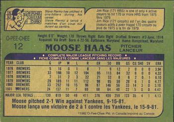 1982 O-Pee-Chee #12 Moose Haas Back