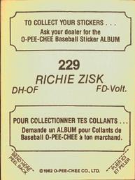 1982 O-Pee-Chee Stickers #229 Richie Zisk Back