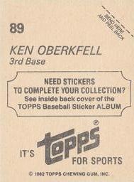 1982 Topps Stickers #89 Ken Oberkfell Back