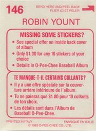 1983 O-Pee-Chee Stickers #146 Robin Yount Back