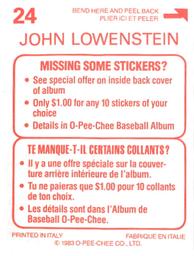 1983 O-Pee-Chee Stickers #24 John Lowenstein Back