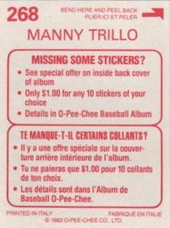 1983 O-Pee-Chee Stickers #268 Manny Trillo Back