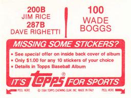 1984 Topps Stickers #100/ 200B/ 287B Wade Boggs / Jim Rice / Dave Righetti Back