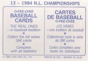 1985 O-Pee-Chee Stickers #13 1984 N.L. Championships Back