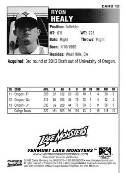 2013 Choice Vermont Lake Monsters #12 Ryon Healy Back