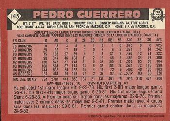 1986 O-Pee-Chee #145 Pedro Guerrero Back