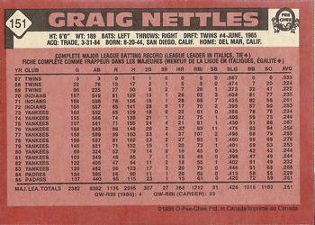 1986 O-Pee-Chee #151 Graig Nettles Back
