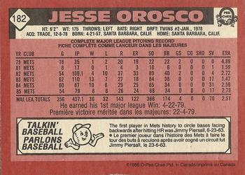 1986 O-Pee-Chee #182 Jesse Orosco Back