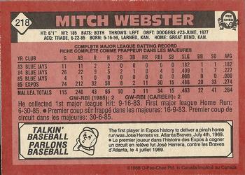 1986 O-Pee-Chee #218 Mitch Webster Back