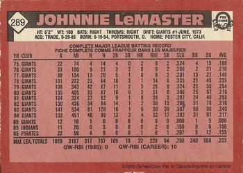 1986 O-Pee-Chee #289 Johnnie LeMaster Back