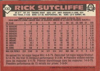 1986 O-Pee-Chee #330 Rick Sutcliffe Back