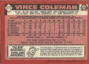 1986 O-Pee-Chee #370 Vince Coleman Back