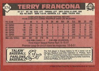 1986 O-Pee-Chee #374 Terry Francona Back