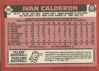 1986 O-Pee-Chee #382 Ivan Calderon Back