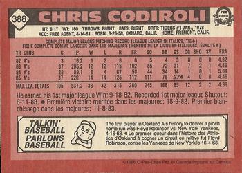 1986 O-Pee-Chee #388 Chris Codiroli Back