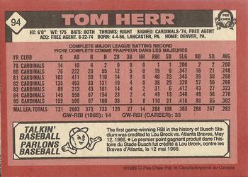 1986 O-Pee-Chee #94 Tom Herr Back