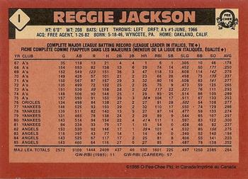 1986 O-Pee-Chee - Wax Box Bottom Panels Singles #I Reggie Jackson Back