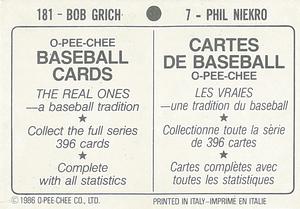 1986 O-Pee-Chee Stickers #7 / 181 Phil Niekro / Bob Grich Back