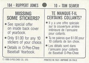 1986 O-Pee-Chee Stickers #10 / 184 Tom Seaver / Ruppert Jones Back