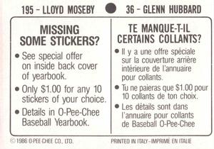 1986 O-Pee-Chee Stickers #36 / 195 Glenn Hubbard / Lloyd Moseby Back