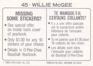1986 O-Pee-Chee Stickers #45 Willie McGee Back
