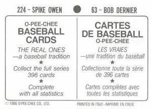1986 O-Pee-Chee Stickers #63 / 224 Bob Dernier / Spike Owen Back