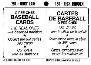 1986 O-Pee-Chee Stickers #130 / 291 Rick Rhoden / Rudy Law Back