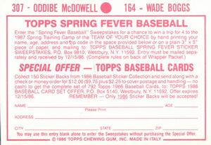 1986 Topps Stickers #164 / 307 Wade Boggs / Oddibe McDowell Back