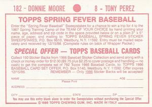 1986 Topps Stickers #8 / 182 Tony Perez / Donnie Moore Back