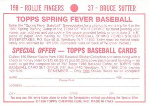 1986 Topps Stickers #37 / 198 Bruce Sutter / Rollie Fingers Back