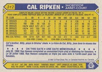 1987 O-Pee-Chee #312 Cal Ripken Back