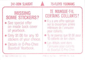 1987 O-Pee-Chee Stickers #79 / 241 Floyd Youmans / Don Slaught Back