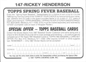 1987 Topps Stickers #147 Rickey Henderson Back