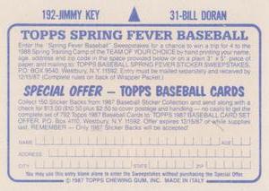 1987 Topps Stickers #31 / 192 Bill Doran / Jimmy Key Back